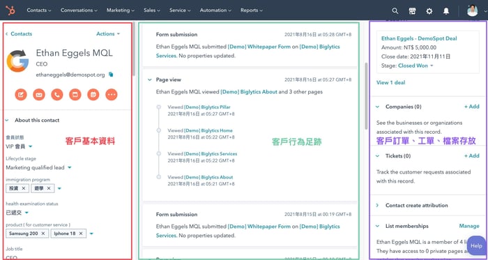 CRM 系統,HubSpot CRM 介面